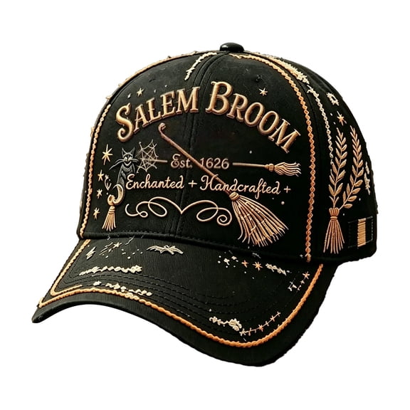 Halloween Cap Salem Broom Witch Print Adjustable Baseball Cap Spooky Graphic Hat for Halloween Party Casual Daily Wear(Black-23x18cm)