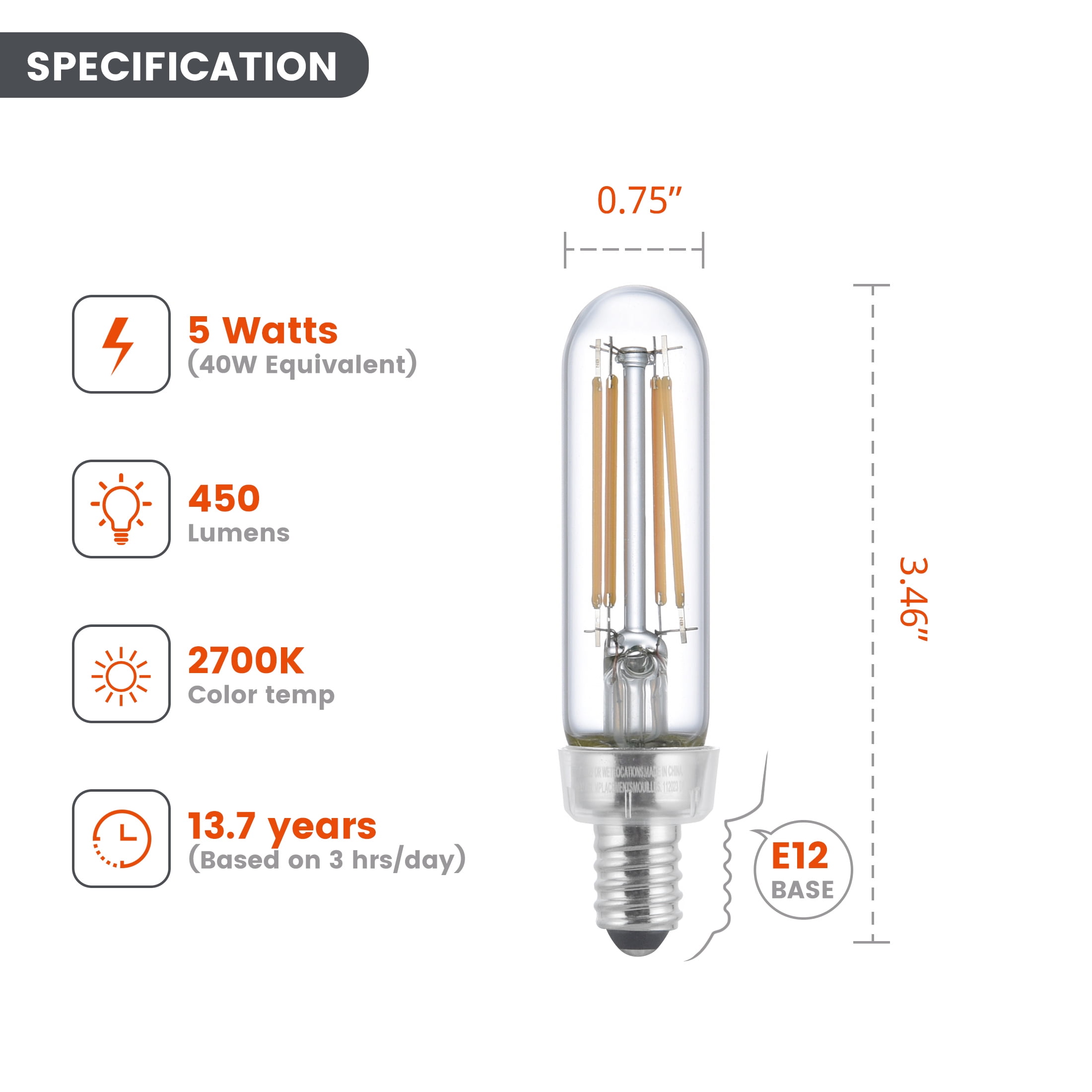 (2 pack) Better Homes & Gardens T6 LED Vintage Light Bulb, 5W (40W Equivalent), Soft White, Thin Filament, 2 Pack