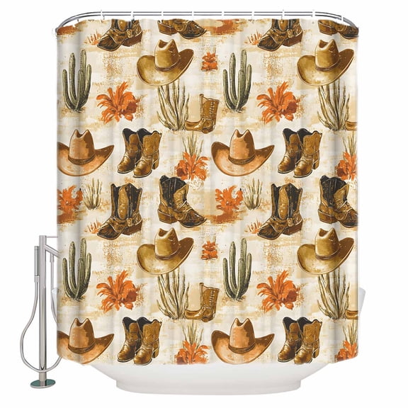 Shower Curtain, Western Retro Cowboy Boot Hat Waterproof Shower Curtain Set with Hooks for Bathroom Showers,Stalls and Bathtubs,72x72In Summer Desert Cactus
