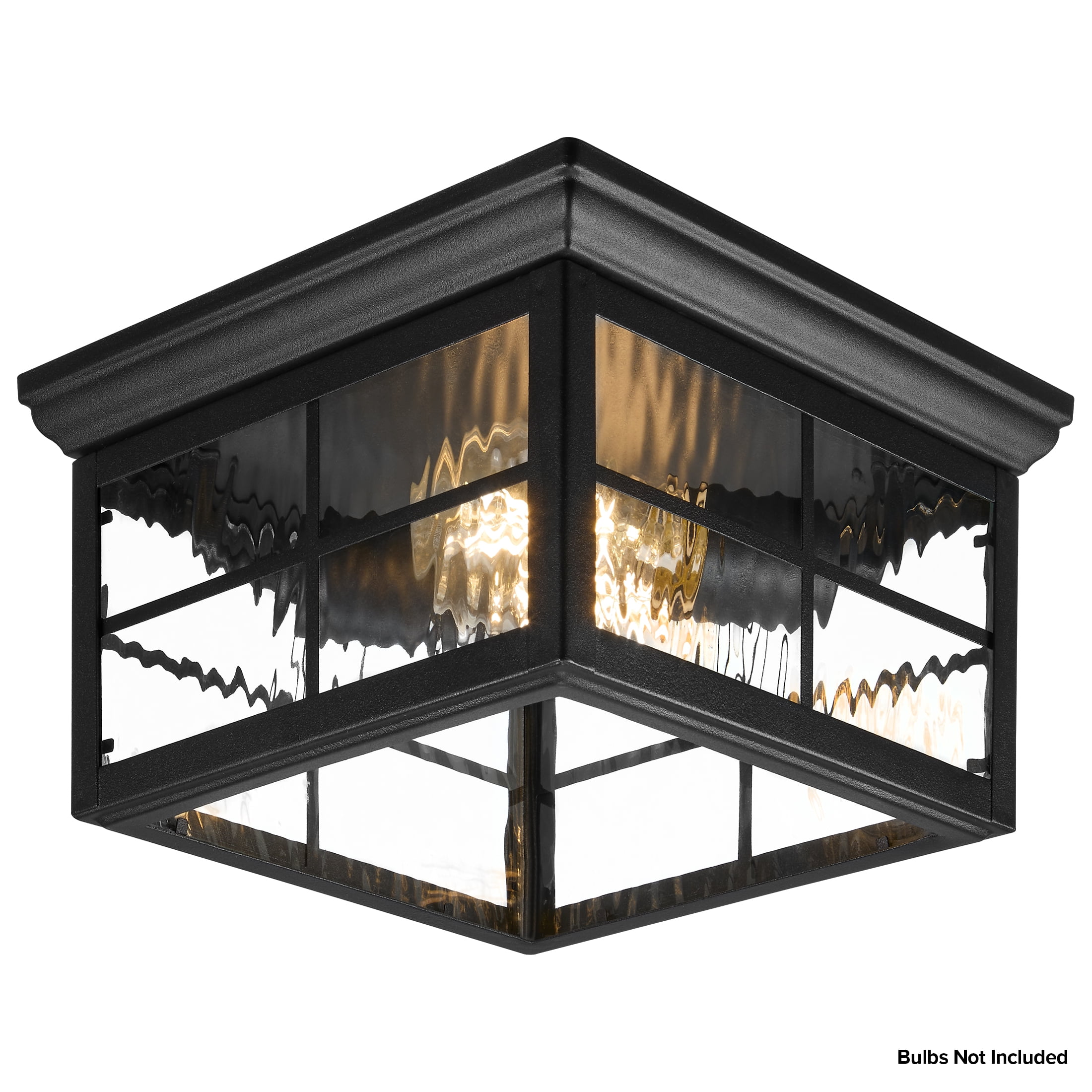 Maxxima Outdoor Flush Mount Ceiling Light: Black, Water Glass, 2-Light, Square, Farmhouse Porch/Patio, Close to Ceiling, Bulbs Not Included.