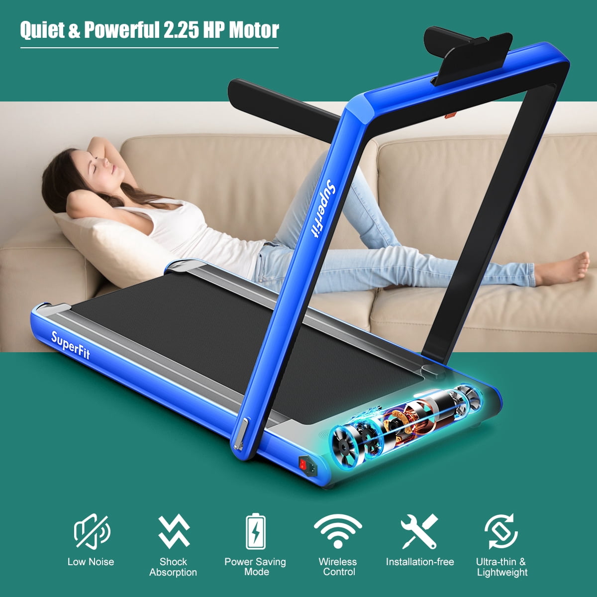 Gymax 2 in 1 Folding Treadmill 2.25HP Running Machine w/ Dual Display Blue