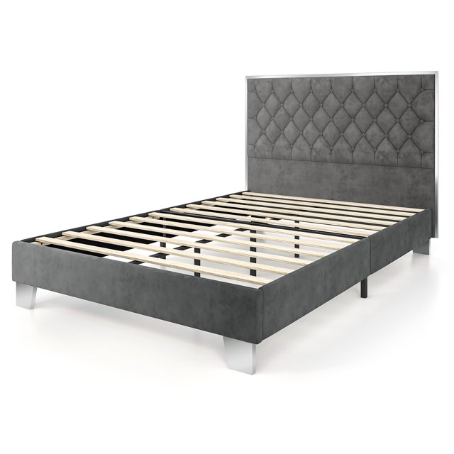 Costway Queen Upholstered Bed Mattress Foundation with Button Tufted Velvet Headboard