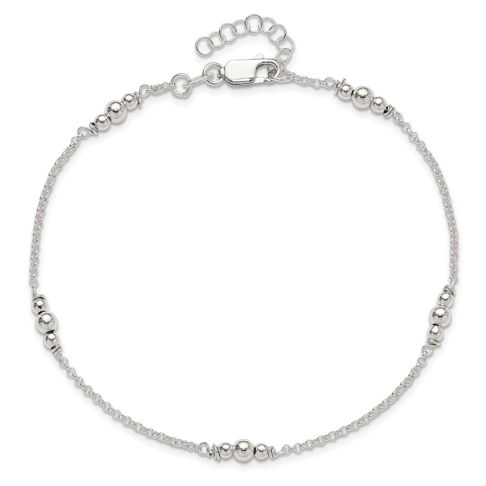 Sterling Silver Polished Bead 10in Plus 1in ext. Anklet
