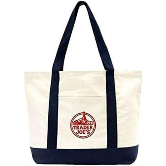 Trader Joes Large Tote Shopping Bag Cotton Canvas Embroidered Bag (1), Navy Blue