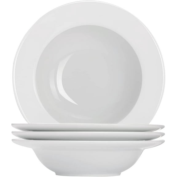 Porcelain Round Soup Plates, Pasta Bowls Set of 4, Classic White Deep Soup Bowls, Ceramic Rimmed Bowls, 9.1 Inches Diameter with Rim Plates.