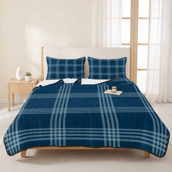 3 Pieces Queen Quilt Set,Navy Blue Plaid Tartan Soft Bedding Sets with 1 Quilt & 2 Pillow Shams,Summer Nautical Style Summer Bedspread Lightweight Coverlet Comforter for All Season