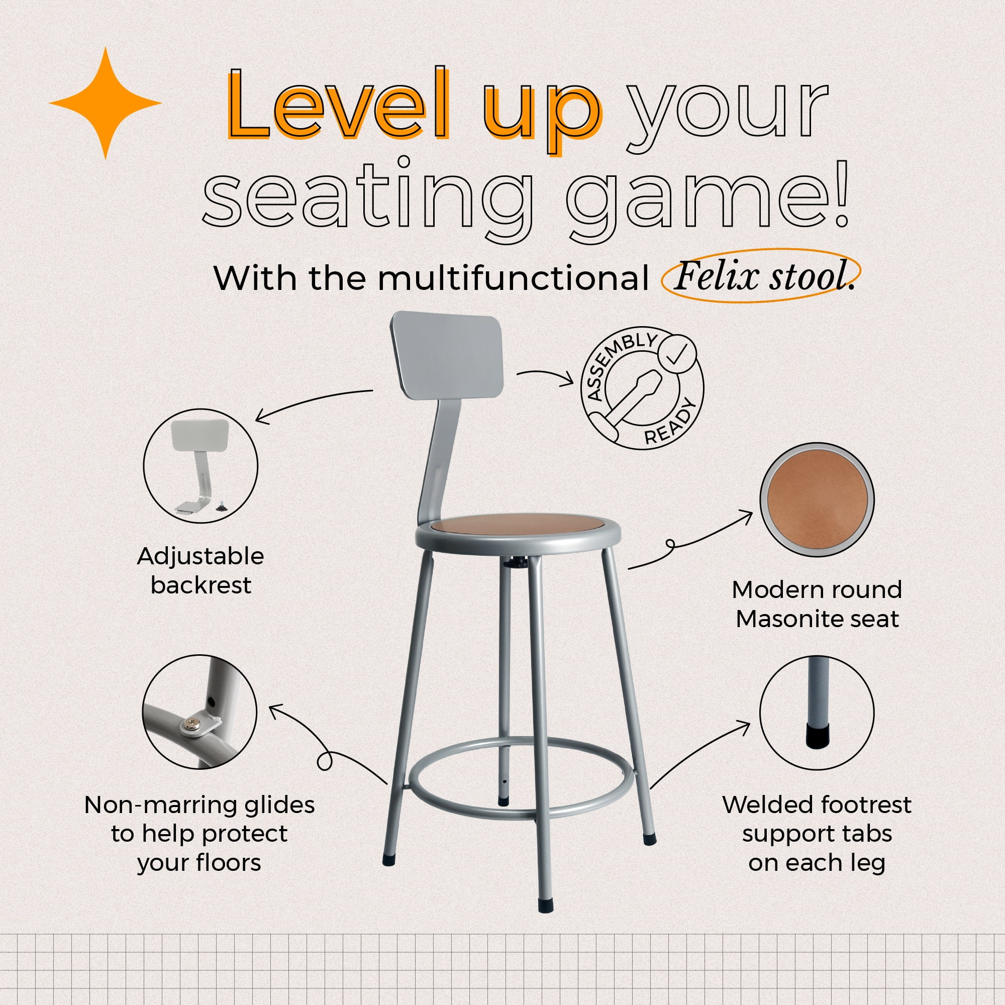 Hampden Furnishings Felix Collection 24-Inch Steel Stool with Backrest, Grey, AssemblyReady