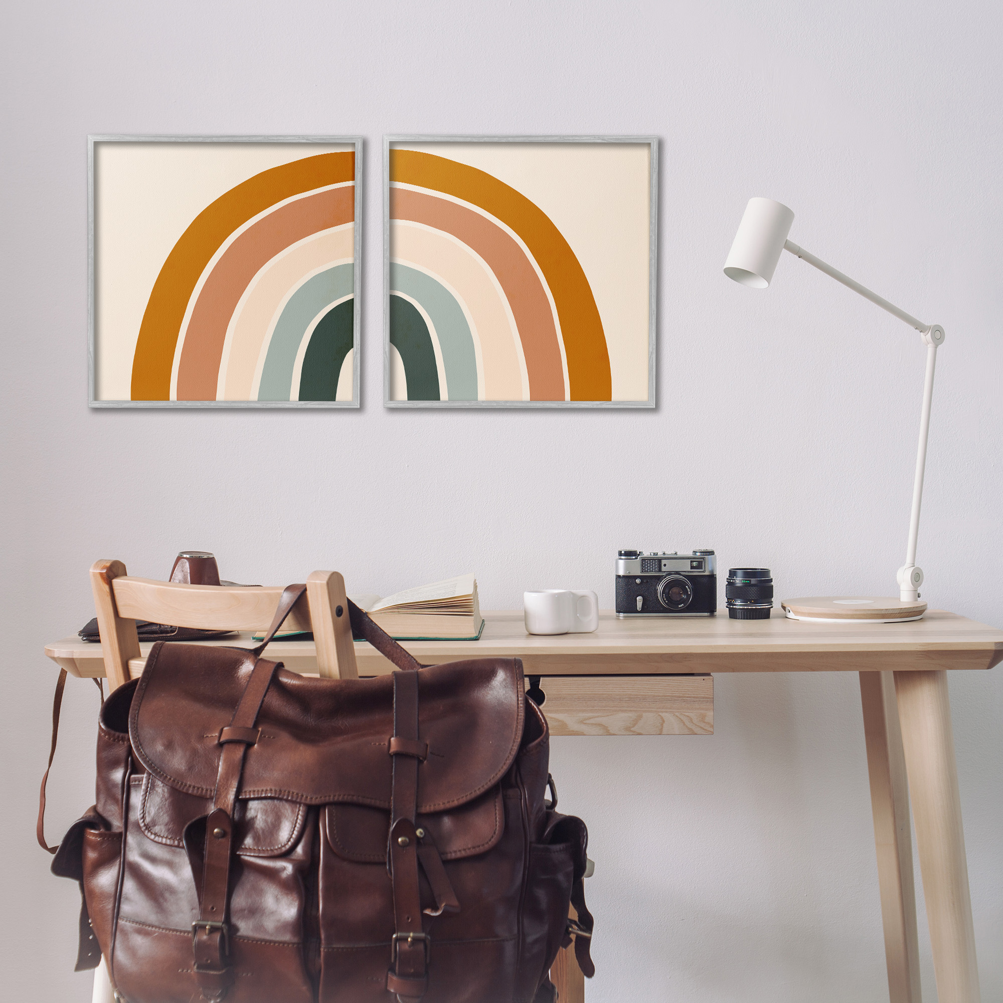 Stupell Industries Asymmetric Warm Retro Rainbow Art for Kids Painting Gray Framed Art Print Wall Art, 17 x 17, Set of 2