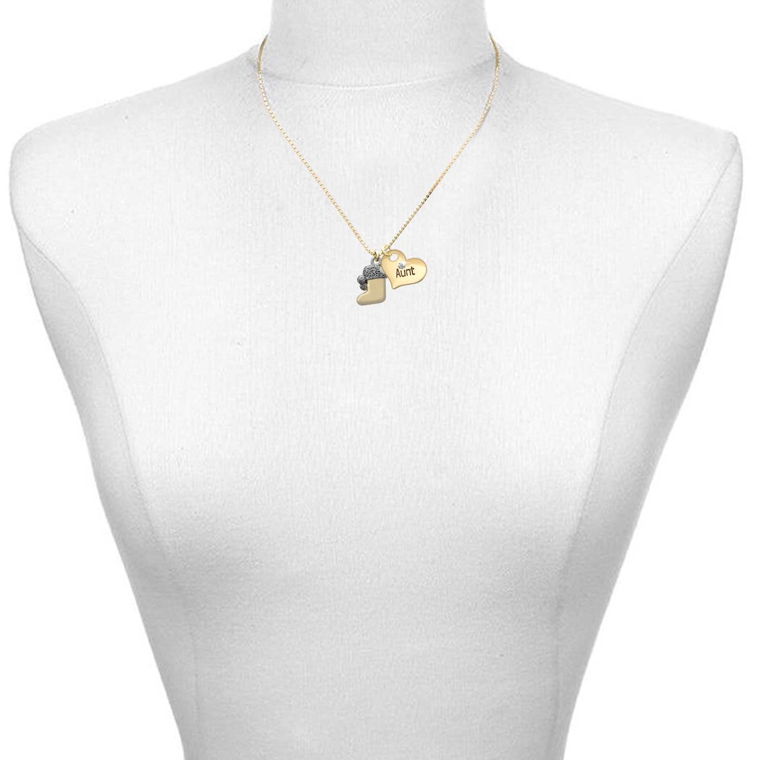 Delight Jewelry Two-tone 3-D Stocking with Clear Crystal - Large Goldtone Aunt Heart Charm Necklace, 17.5"+2" Extender