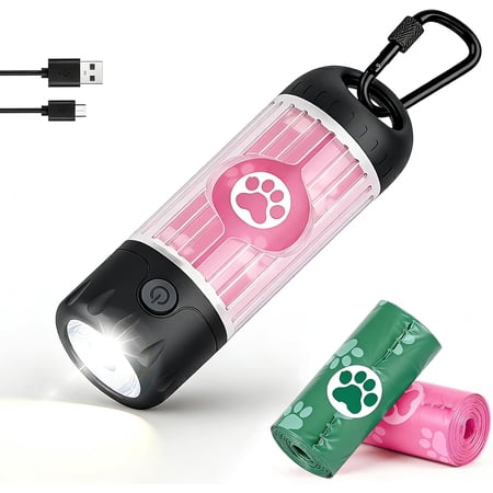 Dog Poop Bag Holder with Flashlight 7-Color USB-C Rechargeable Poop Bag Displenser for Leashes IPX6 Waterproof Anti-Slip Clip Pet Waste Bag Holder for Walking (1 Dispenser 30 Bags)