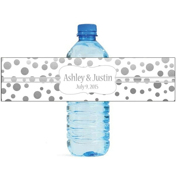100 Silver Confetti White Background Wedding Water Bottle Labels Engagement Party 8"x2"