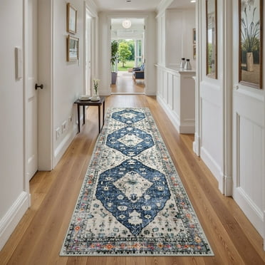 Lahome Decor 2'x8'Vintage Runner Rug,Washable Distressed Hallway Runner,Washable Rug,Traditional Mat Distressed Indoor Foldable Ultra-Thin Rug Retro Accent Rug,Floral Print Rug Non Slip Carpet,Blue