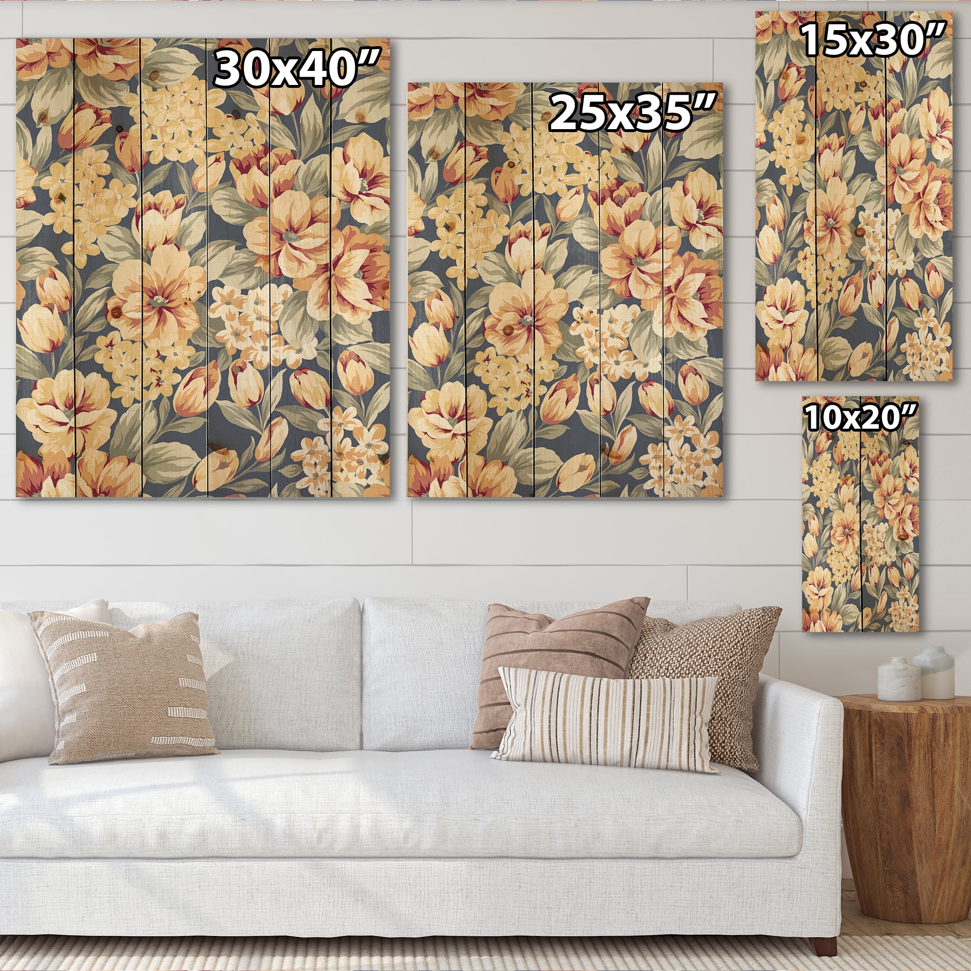Designart 'Vintage Orange and Yellow Flowers' Traditional Print on Natural Pine Wood