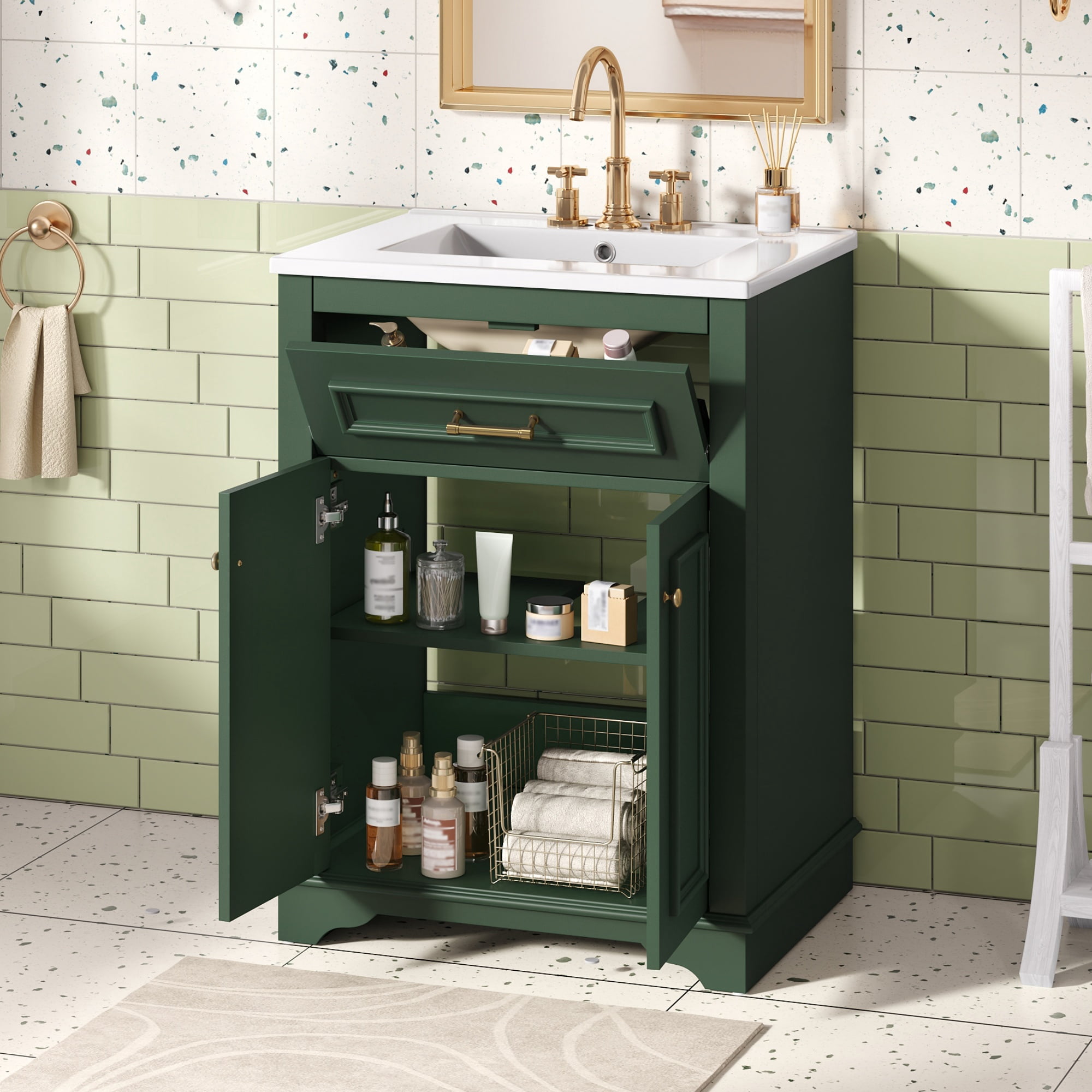 Euroco 24" Bathroom Vanity with Integrated Ceramic Sink, Bathroom Cabinet with 2 Doors, 1 Tip-Out Drawer, Single Sink Bathroom Vanity for Small and Medium Restroom, Green