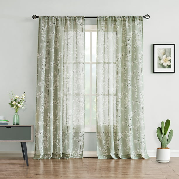 Decoultimatex Green Spring Sheer Curtains for Living Room White Floral ...