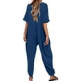 thumbnail image 4 of Pants for Women,Clearance Women's Plus Size Women's V Neck Casual Loose Pockets Strap Waistband Jumpsuit Short Sleeve Sling Jumpsuitit Loose Causal Pants, 4 of 5