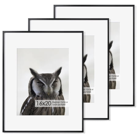 Fun Memories 3 Pack 16x20 Aluminum Metal Picture Frame, Display Photos 11x14 with Mat, Black