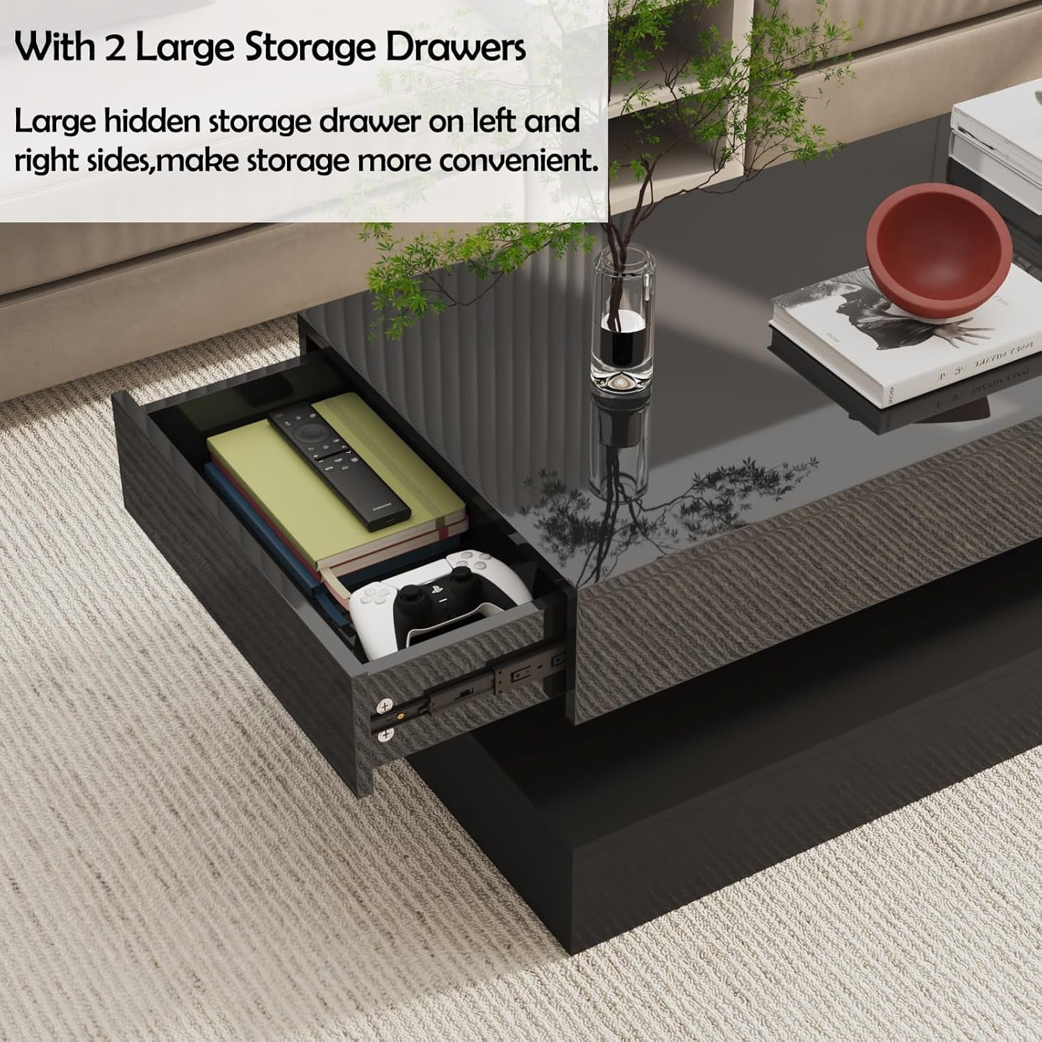 ChVans 47.3" High Glossy LED Coffee Table with 2 Sliding Storage Drawers, Living Room Coffee Table w/APP Control LED Lights, Modern Double-Layer Center Tables Large Furniture, Black