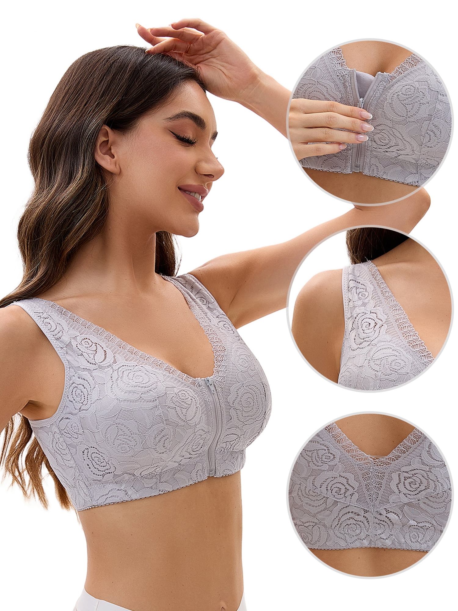 Unique Bargains Women's Lace Zip Front Closure Wirefree Wide Straps Bras D 42 Grey