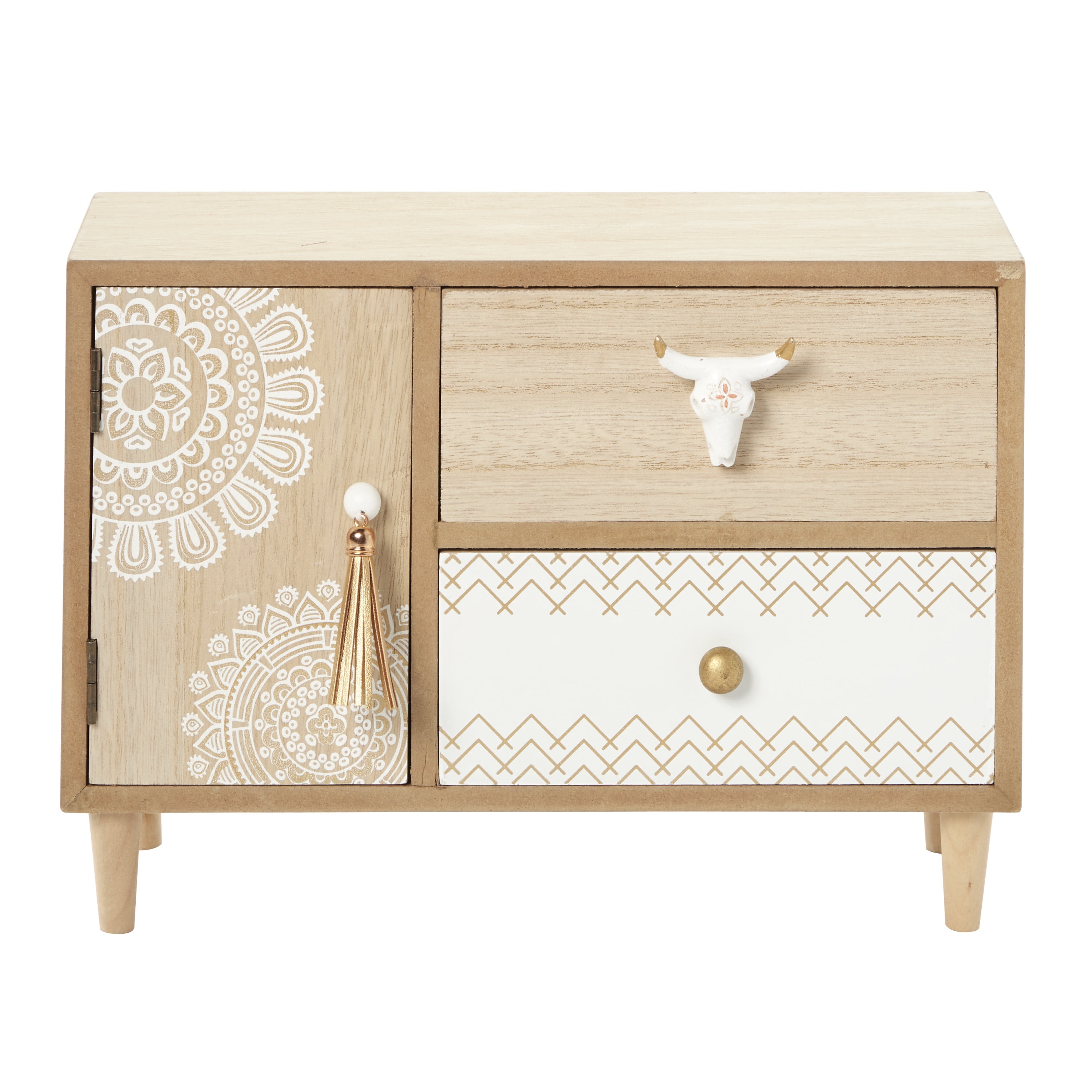 DecMode Floral 3 Drawers Light Brown Wooden Decorative Jewelry Box with Bull Head Knob