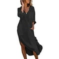 thumbnail image 1 of Vestido camisero holgado de color liso con botones para mujer: algodón y lino, manga larga, vestido largo informal/para la oficina/para vacaciones, 1 of 5