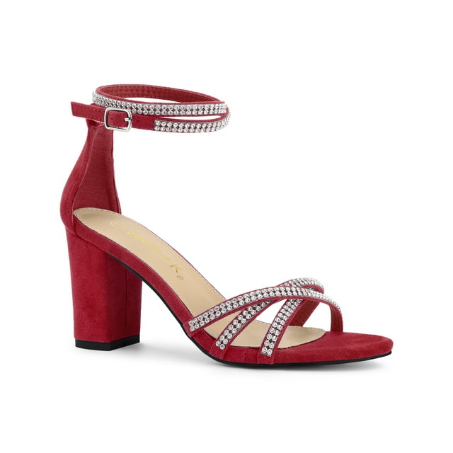 BLISSFUL STEP Women's Shoes Rhinestone Crisscross Strappy Block Heel Faux Suede Ankle Buckle Sandals Red 10