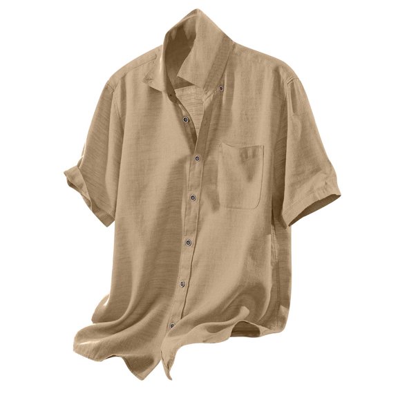 Odeerbi Cotton Linen Shirts for Men Summer Lightweight Short Sleeve Beach Shirt Casual Solid Color Turn Down Collar Button Blouse with Pocket Khaki