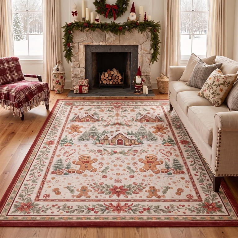KUETH 4'x6' Christmas Machine Washable Area Rug, Non-Slip Rugs for ...