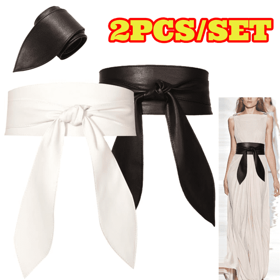 2pcs Women's Fashion Obi Belts, Black and White Wide Cinch for Dress, Solid Color Faux Leather Wrap Belt