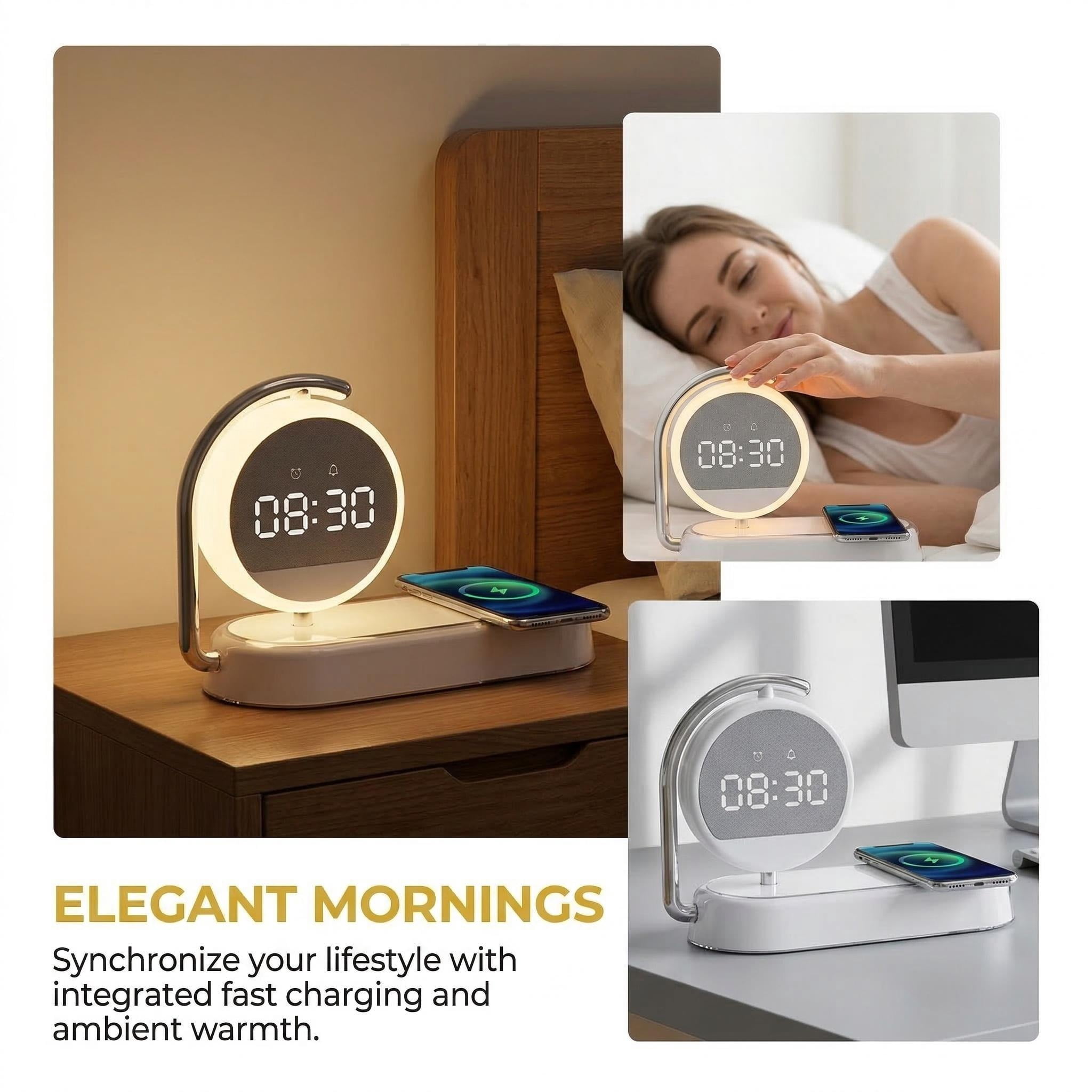 15W Wireless Charger Alarm Clock – Multifunctional night light with 360° rotatable display, 3500K eye-care warm light, touch control, alarm. Includes Type-C cable, safe for bedside desk charging