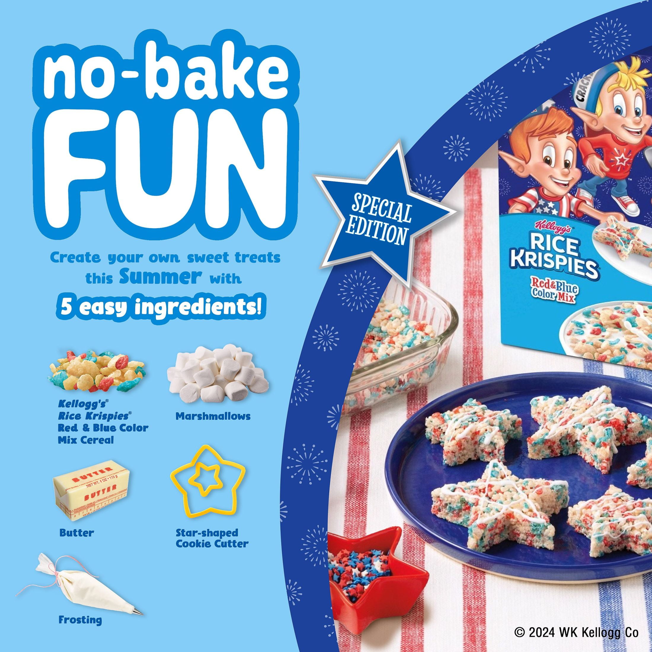 Kellogg's Rice Krispies Breakfast Cereal, Summer Snacks, Family Breakfast, Family Size, Red and Blue Color Mix, 12oz Box (1 Box)