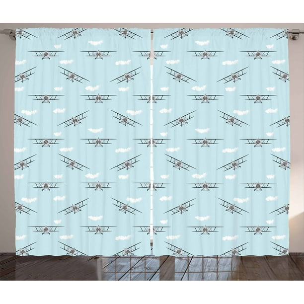 Airplane Curtains 2 Panels Set, Old Aircraft Biplanes in Blue Sky