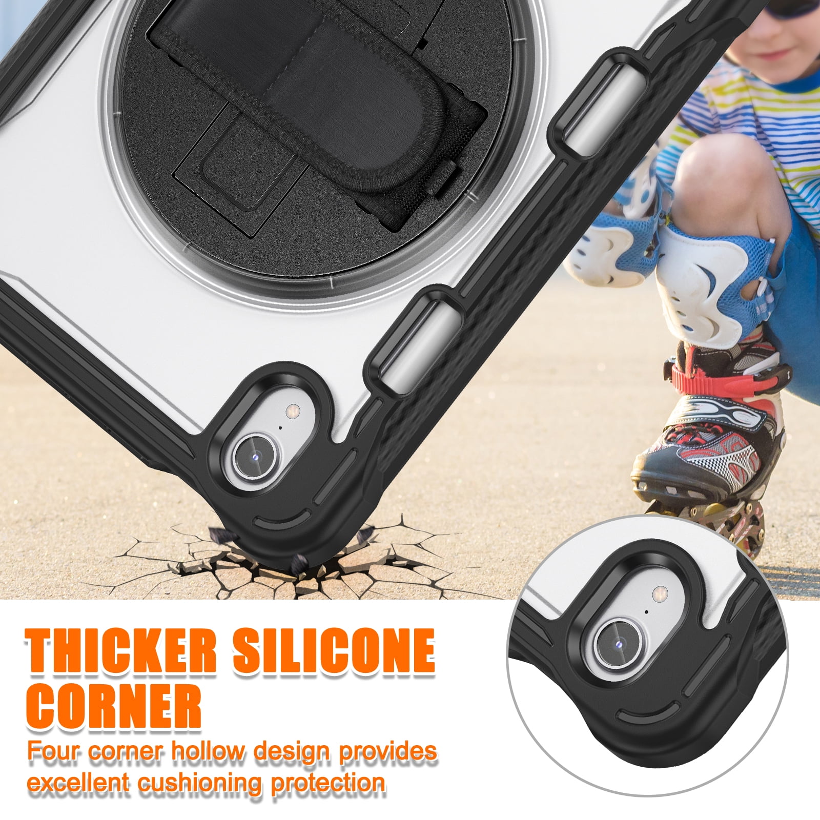 Shockproof Case for Apple iPad mini 6/7, iPad mini 6th 7th Gen Cover, 360 Rotating Stand Translucent Back Cover Shockproof Adjustable Shoulder Strap Kids Friendly with Pencil Holder, Black