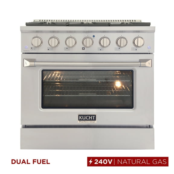 36 in. 5.2 cu. ft Dual Fuel Range for Natural Gas Sealed Burners in Silver.