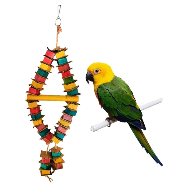 Juguete para masticar pájaros, bloques de divertidos, juguete colgante para rasgar, jaula para pájaros, juguetes de entrenamiento para loros, 2 cuerdas Yinane Juguetes para masticar aves