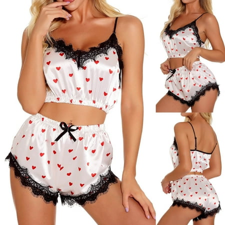 

Women Fashion Heart Print Crop Top Set Lingerie Sexy Costumes Lace Shorts Lingerie