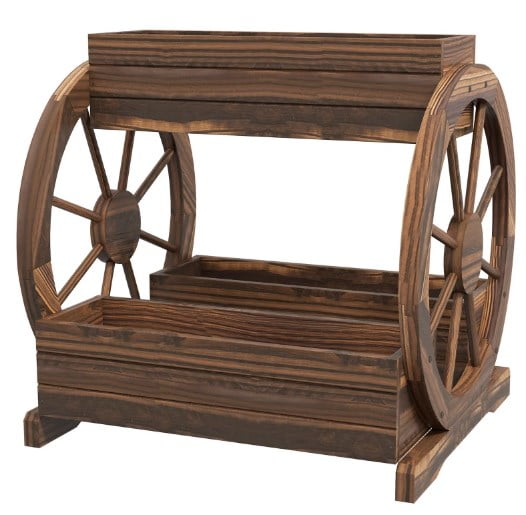 Outdoor Planter, Wooden Wagon Planter Box, 3-Tier Raised Garden Bed, for Vegetables Flowers Herbs