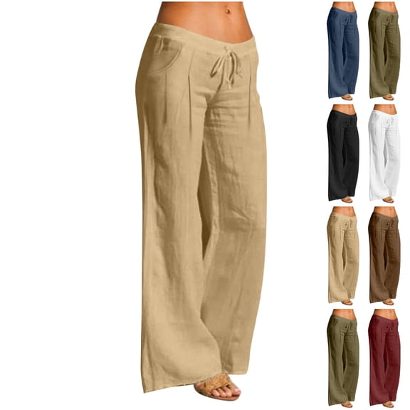 Linen Pants Women 2026 Wide Leg Drawstring Elastic Waist Linen Cotton Blend Pants Casual Loose Trousers with Pockets Black M