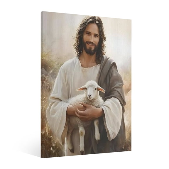 Vintage Jesus and lamb Canvas Wall Art Paint Framed, Jesus Pictures Canvas Print Posters Wall Decor, Christian Christmas Wall Art Home Decor for Living & Prayer Room Bedroom Wall Decor Framed