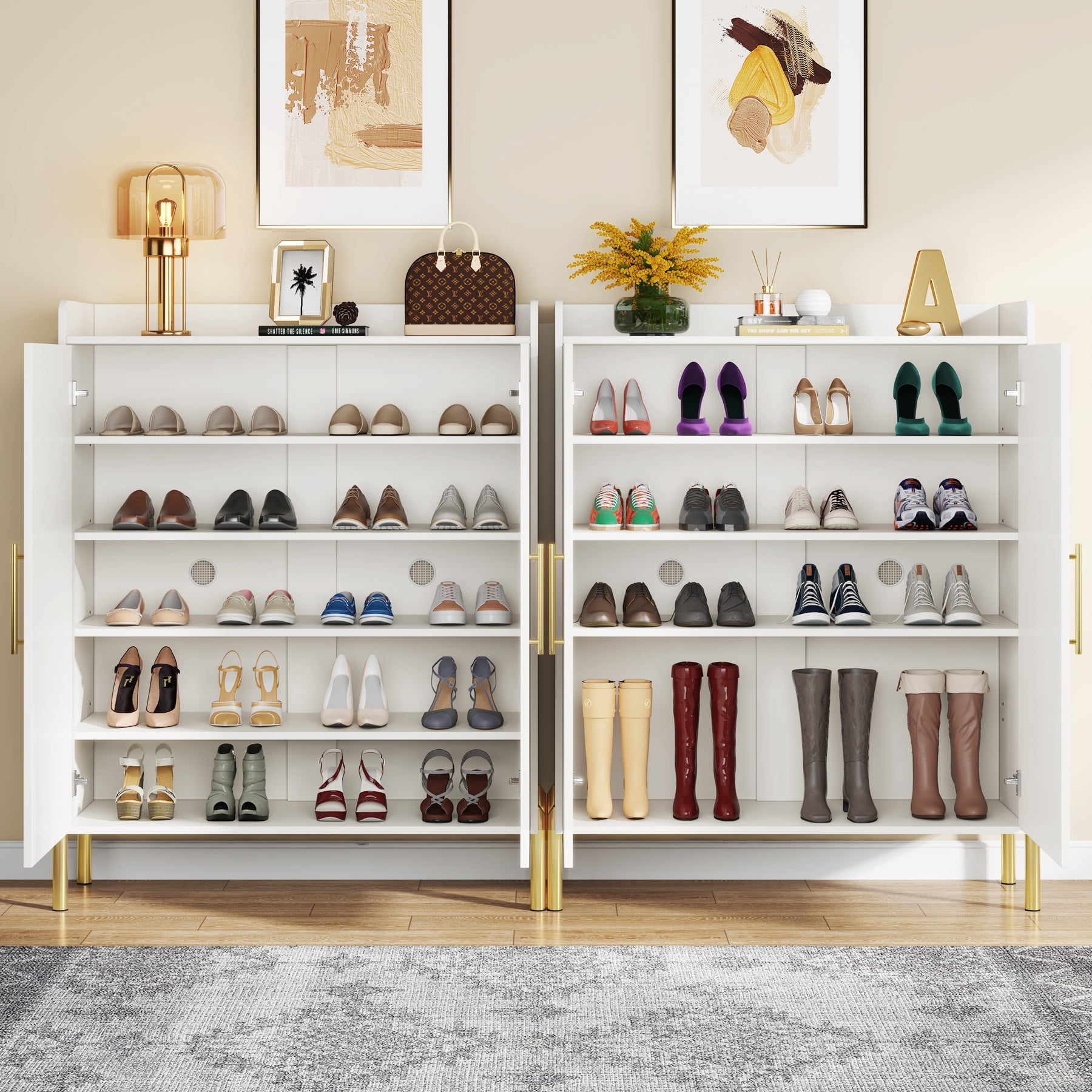 Tribesigns 6-Tier Shoe Storage Cabinet with Doors, 30 Pairs Shoe Rack Organizer for Entryway, White & Gold