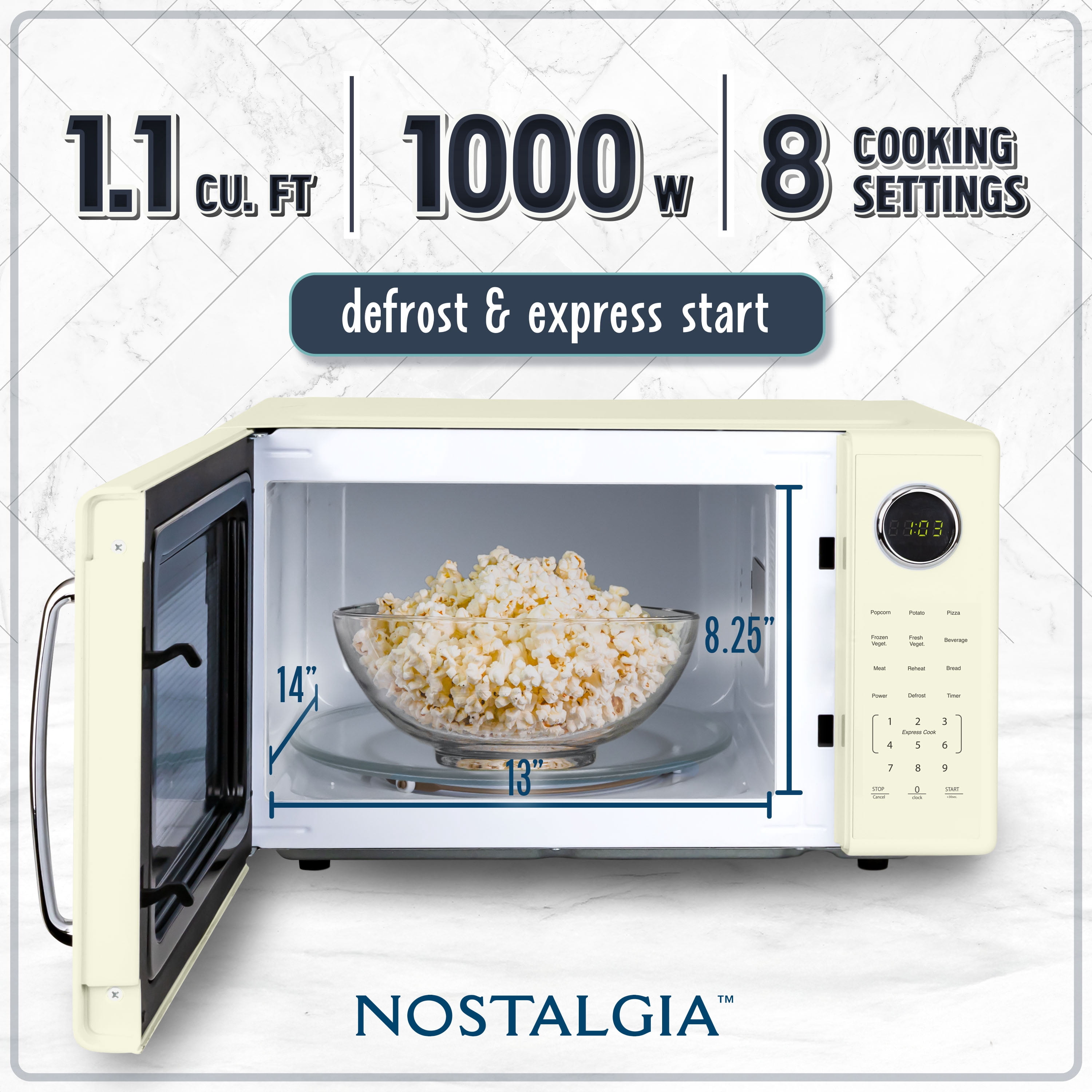 Nostalgia 1.1 cu ft Retro Microwave Oven, 1000W Countertop Microwave Oven with 8 Auto Cook Programs, Ivory