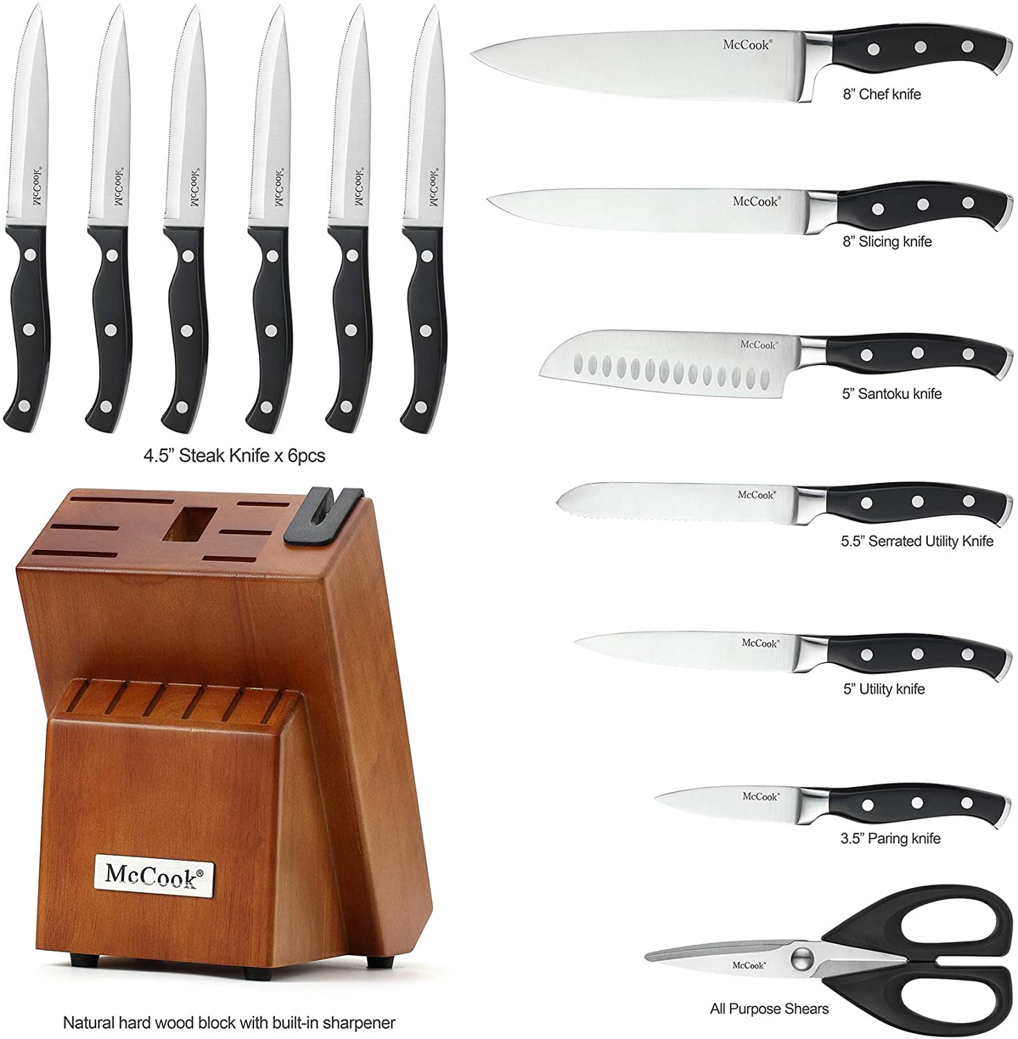 McCook® Knife Sets with Built-in Sharpener,German Stainless Steel