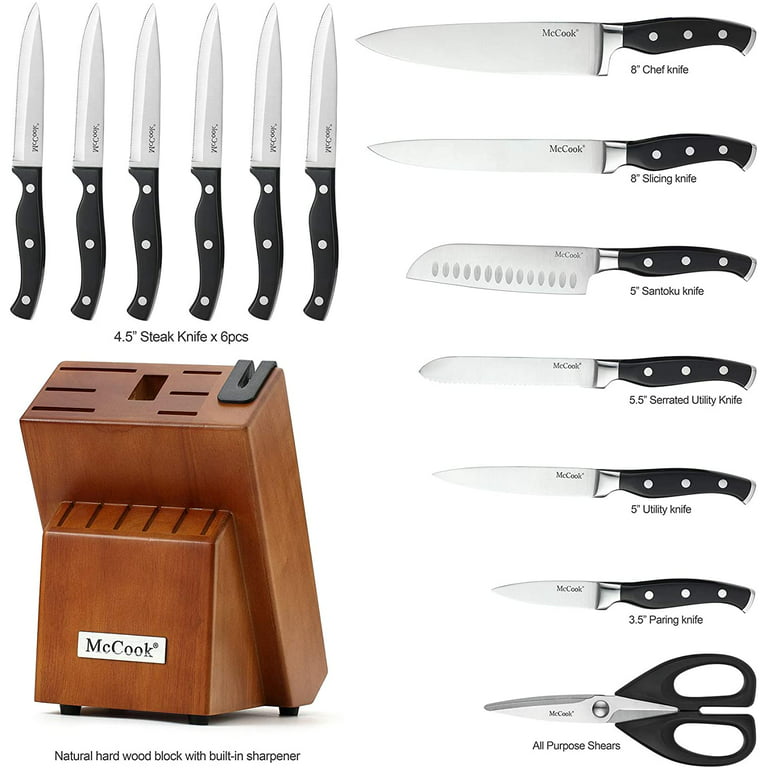 McCook MC25A 15-Piece Kitchen Knife Set Stainless Steel Forged Triple Rivet  Cutlery Knife Block Set with Built-in Sharpener,Chef Knife,Steak Knife 