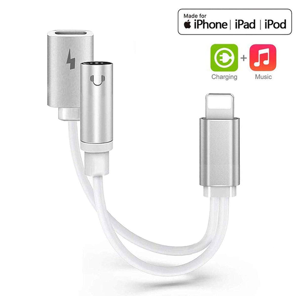 2 in 1 Lightning to 3.5mm Headphone Jack Adapter, Earphone Audio