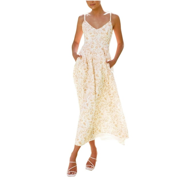 Vestido de Malla para las Mujeres Sexy Flor Impresión Cuello en V Ajustable Sling Encaje, Elástico Cintura Largo Vestido para la Fiesta Y la Fecha