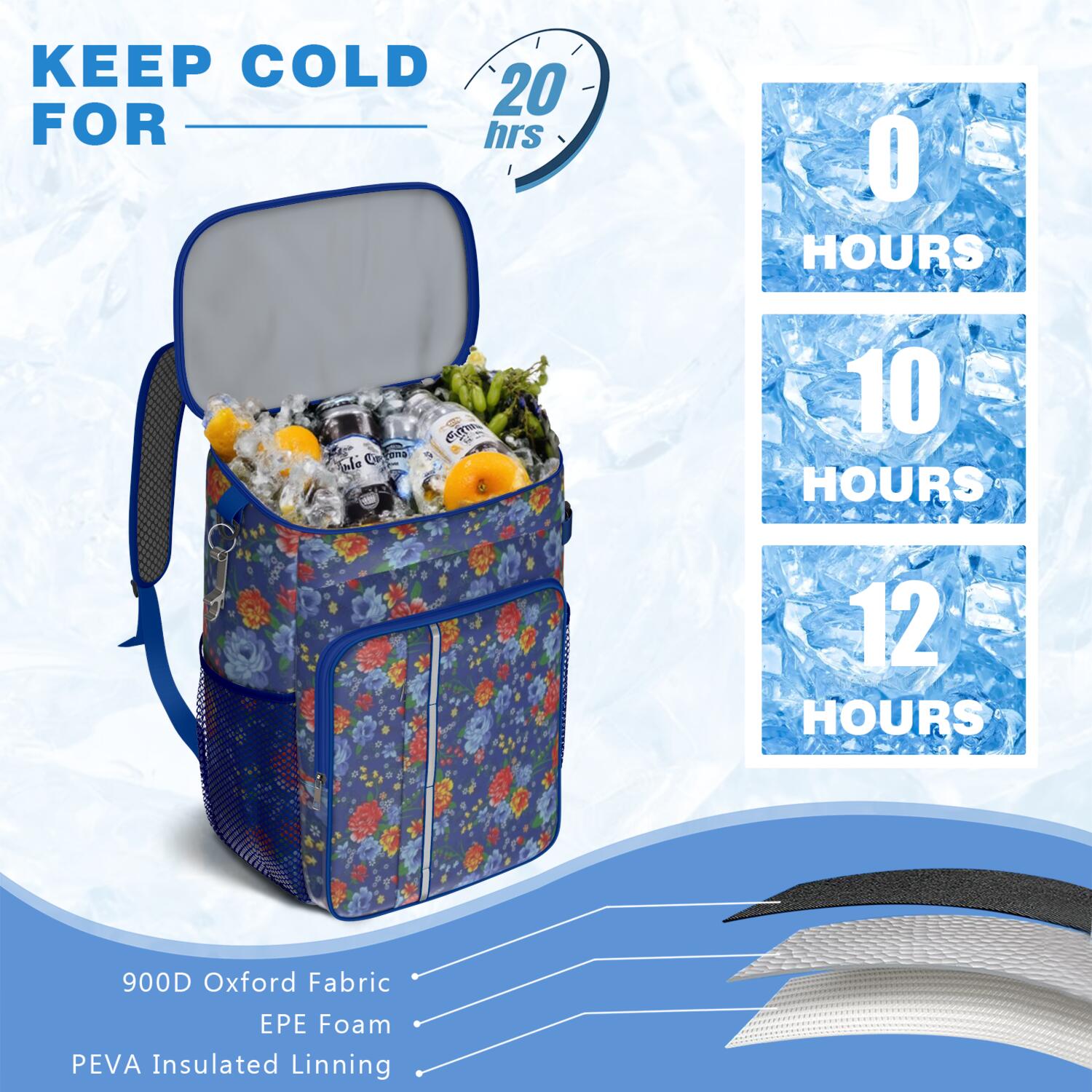 Travel Cooler Bag - Pioneer Flower Floral Print Pattern Camping Beer Cooler Backpack with Bottle Opener- Waterproof Insulated Picnic Backpacks - Cooler Bag for Beach