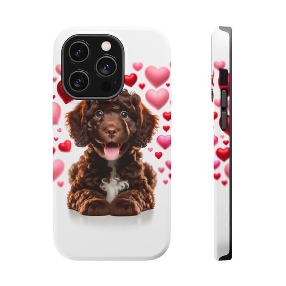 DistinctInk Tough Case for Apple iPhone 15 Pro MAX (6.7" Screen), Compatible with MagSafe Charging - Valentine's Day American Water Spaniel Puppy