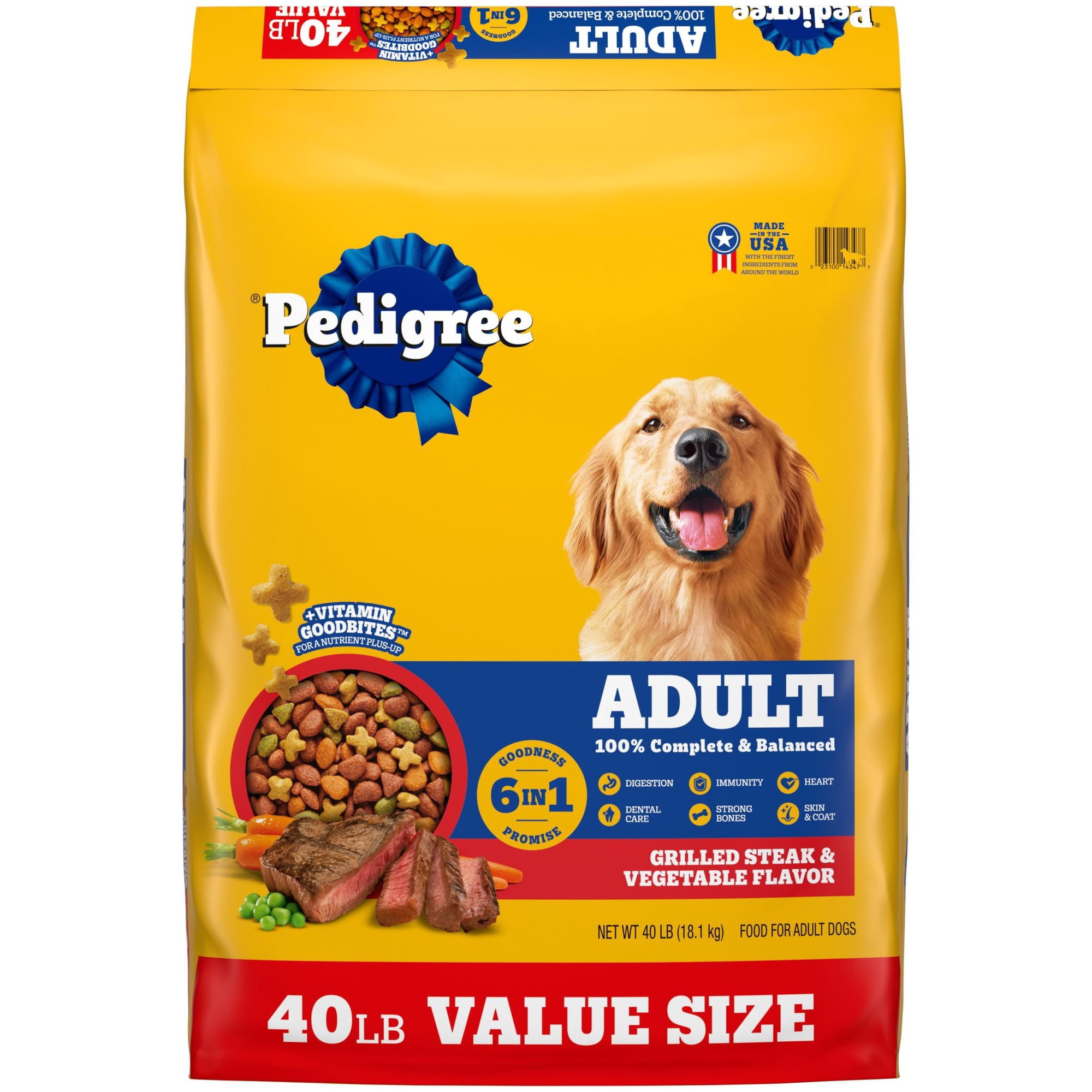 Pedigree High Protein Grilled Steak & Vegetable Flavor Adult Dry Dog Food, 40 lb Bag