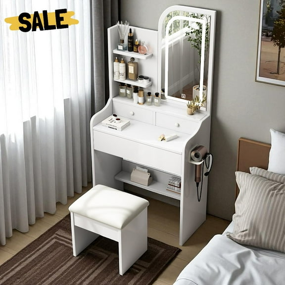 Gzxs Vanity Desk with Mirror and Lights, Makeup Vanity Table with Hair Dryer Holder, 3 Drawers, Storage Shelves, Adjustable 3-Color LED Lighting, Stool Included, White