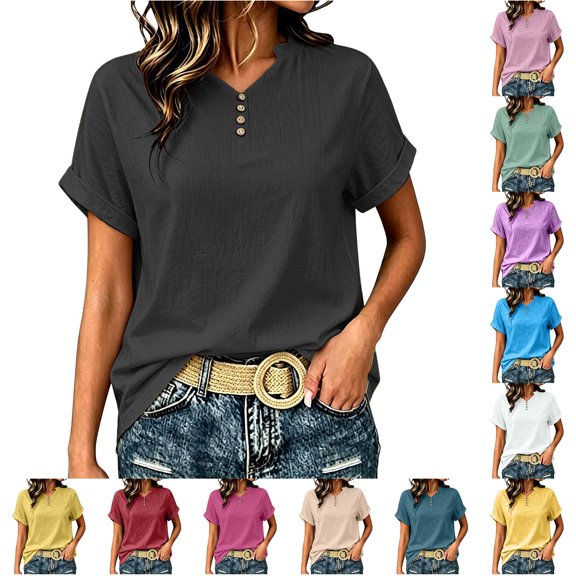 oqasdz Women's T Shirts Solid Color V Neck Button Detail Top Stylish Casual Blouse Short Sleeve Crewneck Soft Everyday Wear T-Shirts,Black,3XL